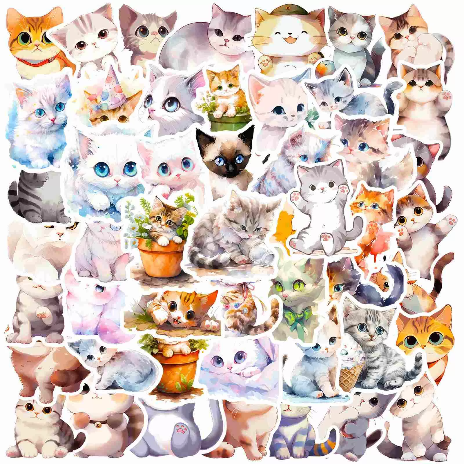 지린 50 PCS 수채화 분재 새끼 고양이 스티커